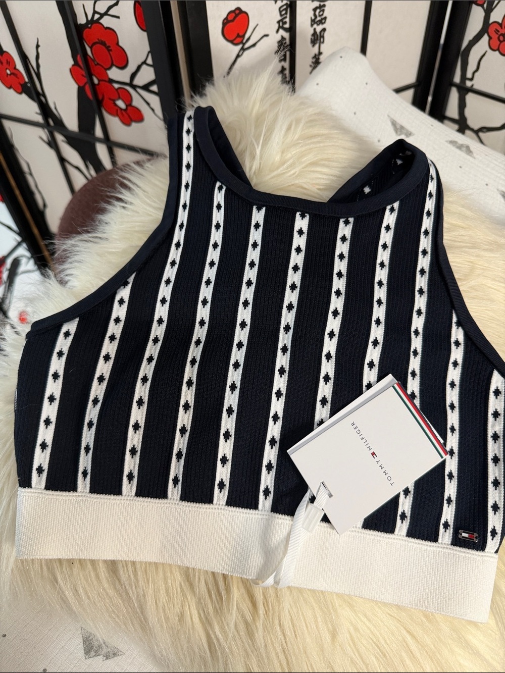 Tommy Hilfiger Navy & White Striped Knit Crop Tank Top